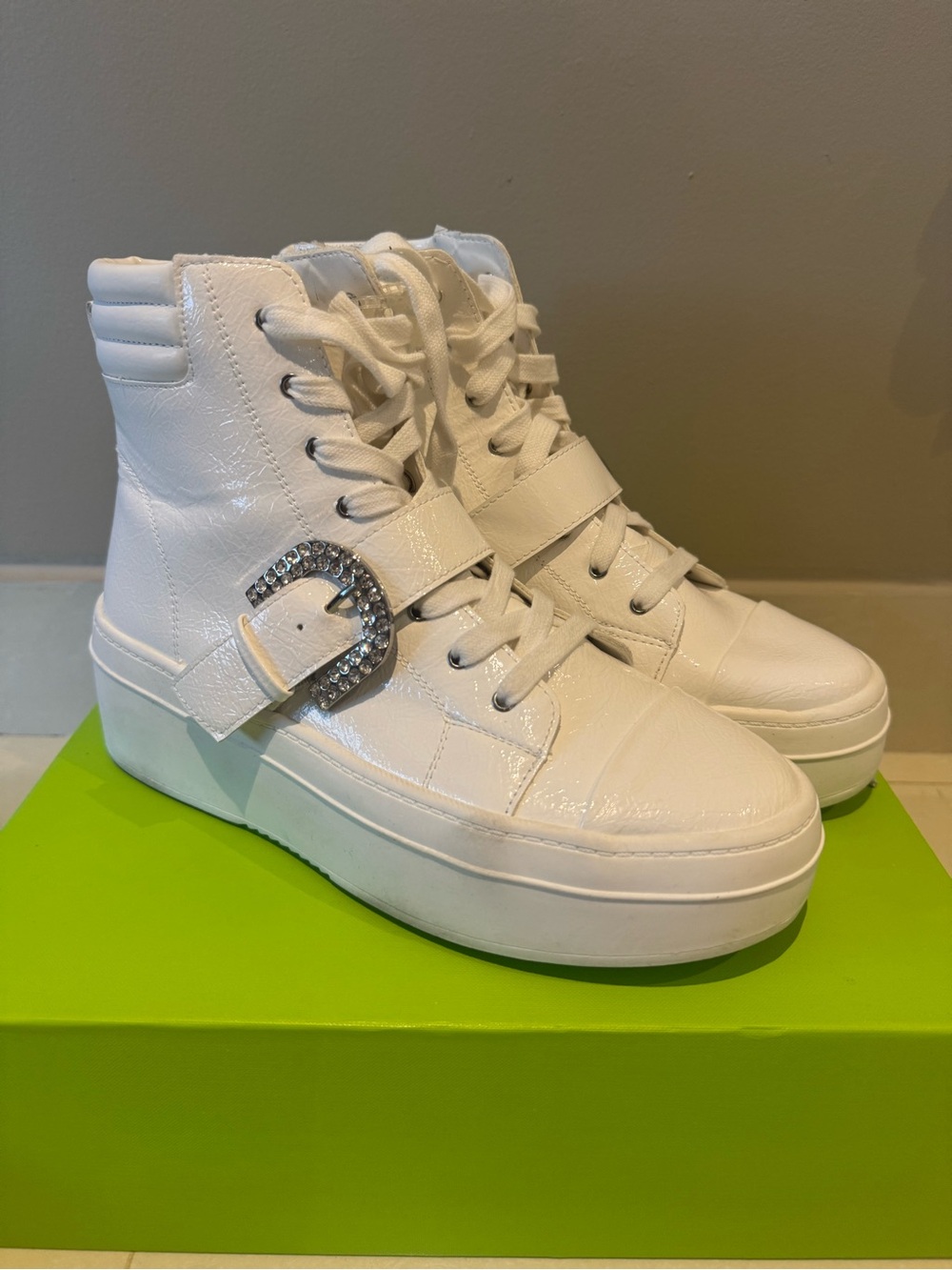 Gianni Bini KophieWhite High-Top Platform Sneaker with Crystal Buckle Detail